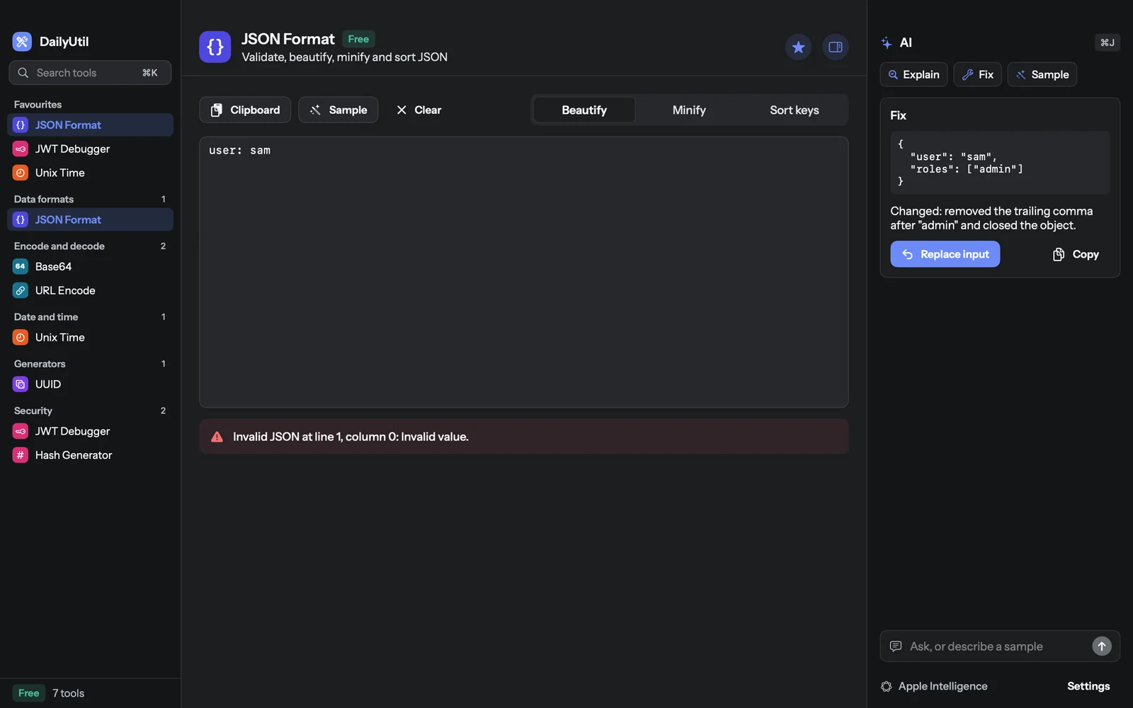 DailyUtil in dark mode: JSON Format shows "Invalid JSON at line 1, column 0" for the input user: sam, and the AI panel offers fixed JSON with a note of what changed and a Replace input button