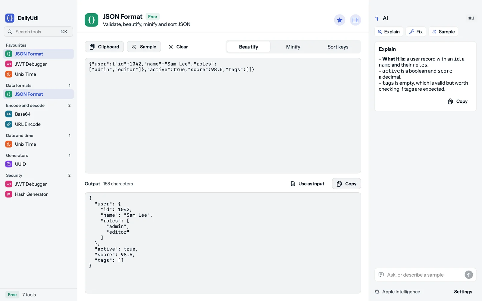The DailyUtil window: the tool list on the left, JSON Format in the middle turning one line of JSON into indented JSON, and the AI panel on the right explaining the data